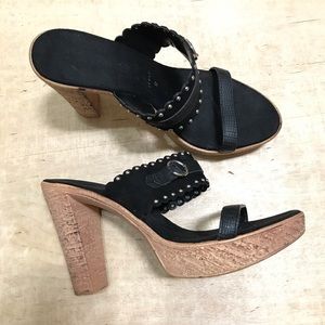 Italian Shoemakers Leather Heels Slides Sandals Studded Black Size US 9